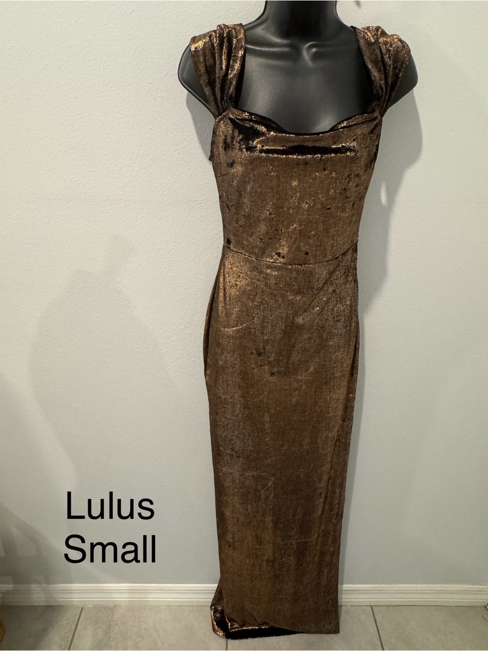 Lulu's Metallic Bronze Evening Maxi Dress